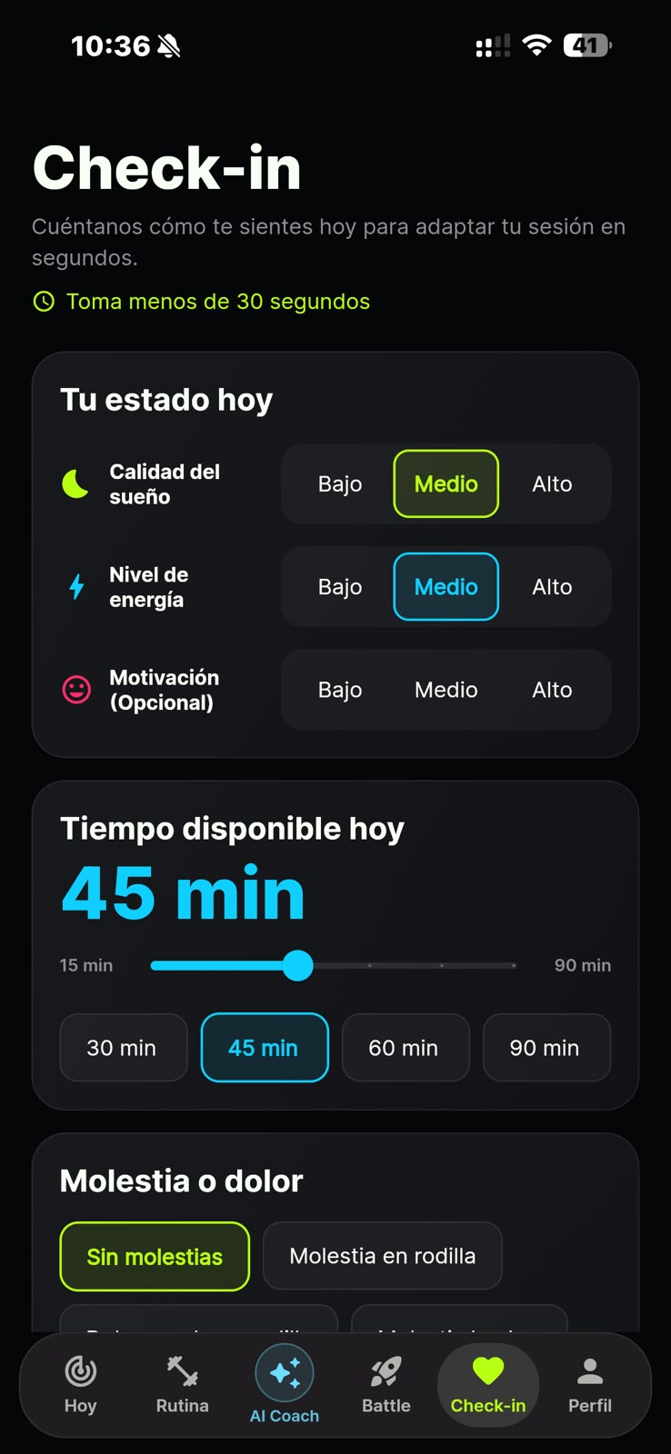 Pantalla actual de Check-in de CoachMind con sueño, energía, motivación, tiempo disponible y molestias