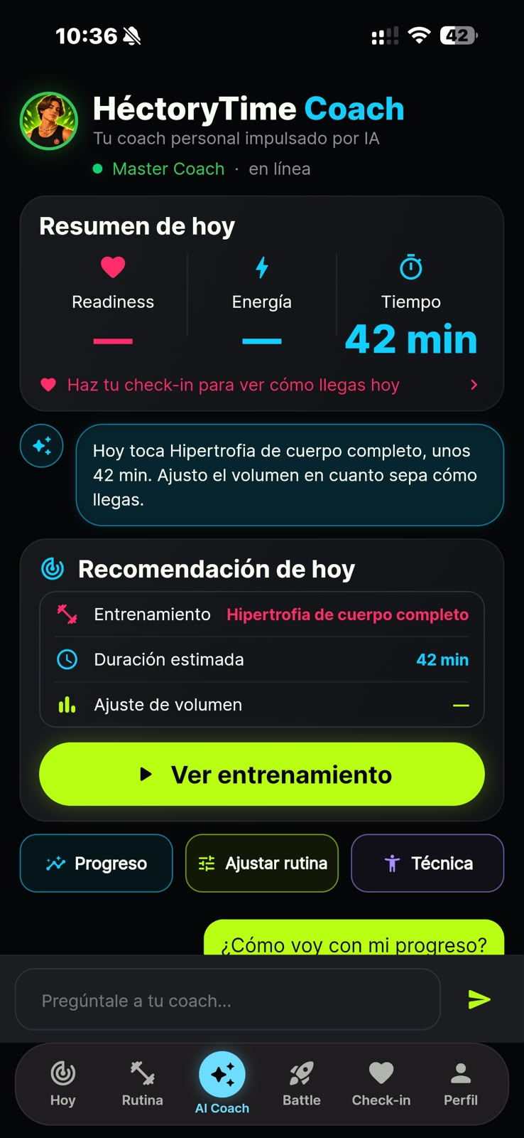 Pantalla actual del AI Coach HéctoryTime, con resumen de hoy, recomendación de entrenamiento y accesos rápidos