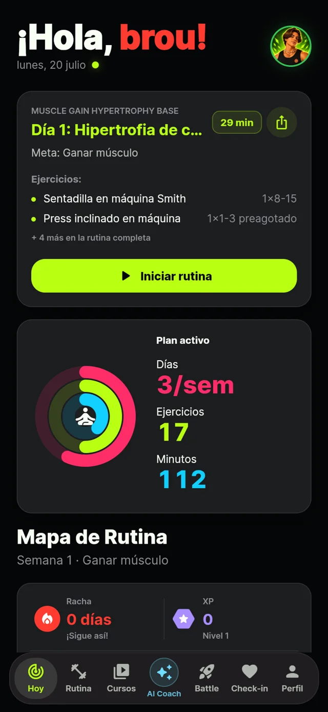 Pantalla Hoy real de CoachMind: saludo Hola brou, Día 1 con Iniciar rutina y anillos del plan activo