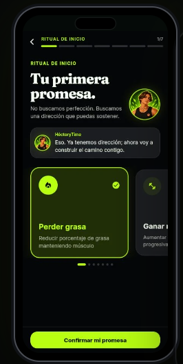 Onboarding real de CoachMind: Tu primera promesa, con HéctoryTime y objetivos en carrusel